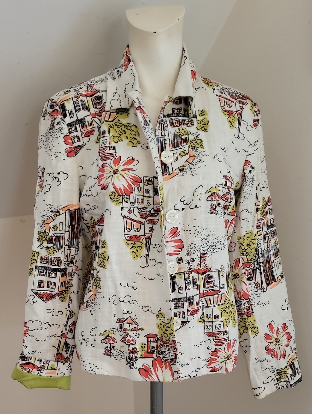 Coldwater Creek Linen Blend White Button-Up Jacket with Red & Lime Prints, Sz PS